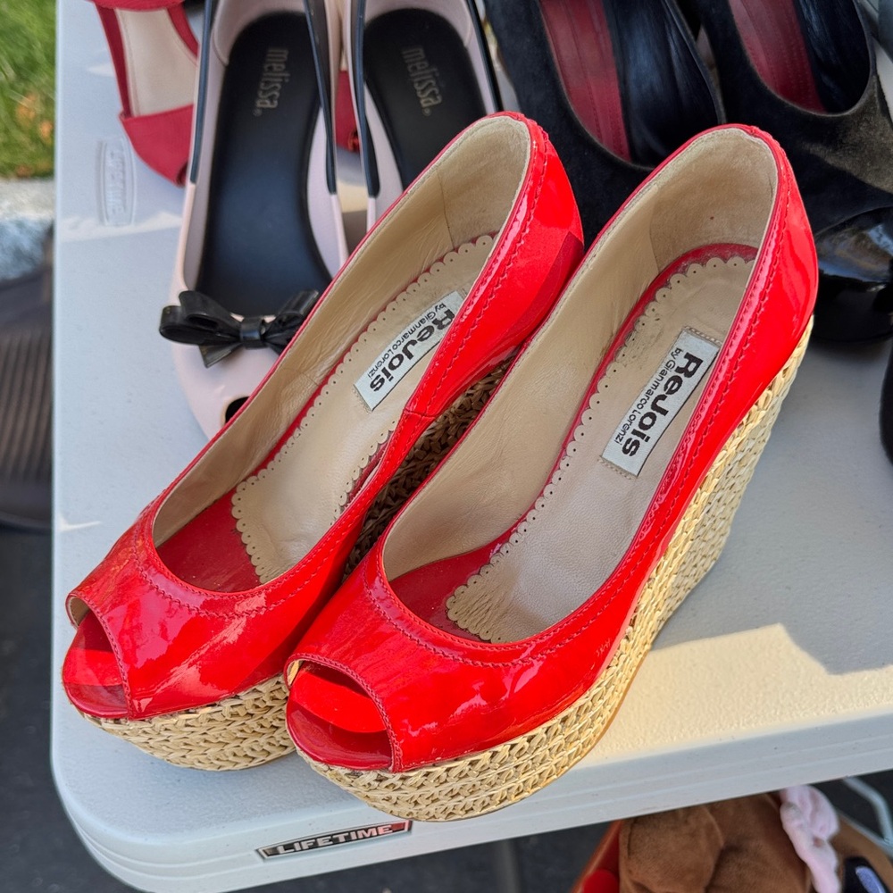 Gianmarco Lorenzi Glossy Red Peep-Toe Wedges